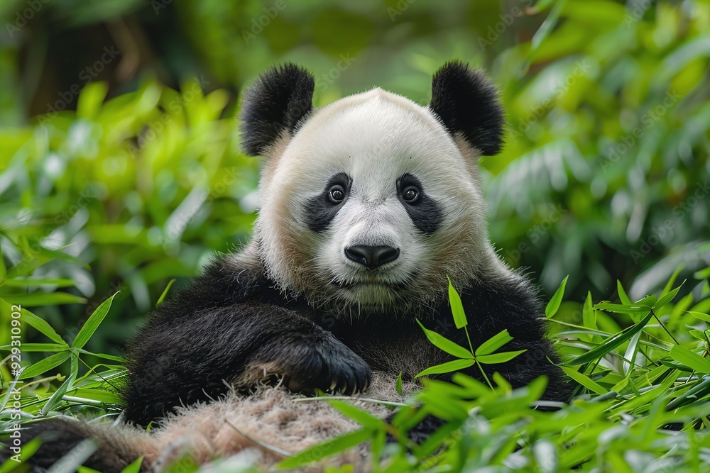 Giant panda bear resting in lush green bamboo forest Giant panda bear resting in lush green bamboo forest