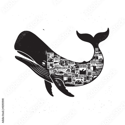 silhouette of sperm Whale filled with vintage punk's poster collage wall in rough drawing