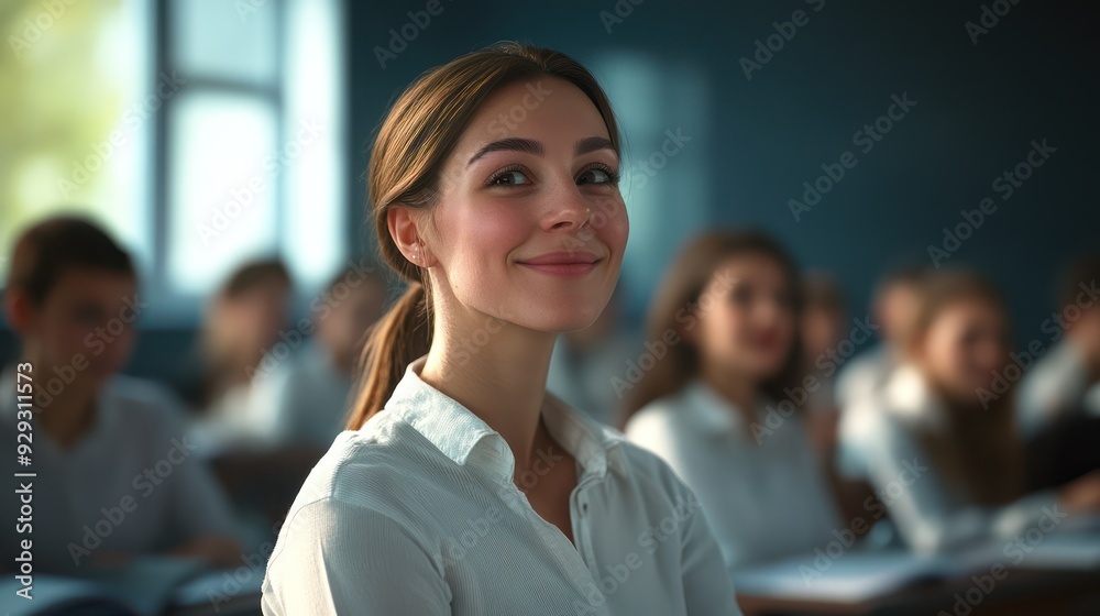 Smiling young woman in a classroom setting, surrounded by fellow students, exuding confidence and positivity.