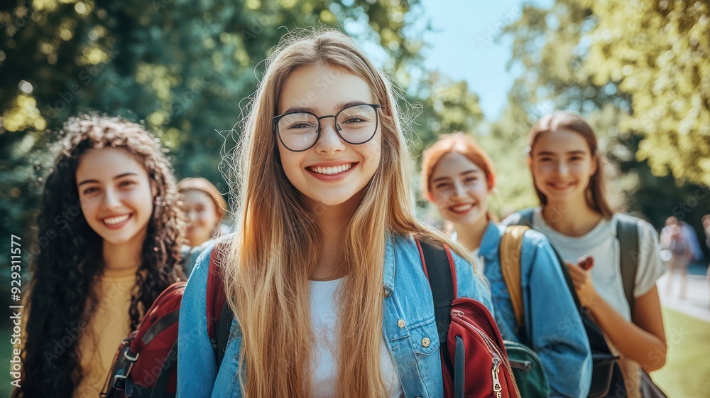 Group of four cheerful young women enjoying a sunny day outdoors, smiling and posing with backpacks. Group of four cheerful young women enjoying a sunny day outdoors, smiling and posing with backpacks.