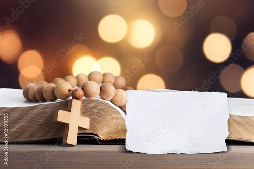Handwritten white blank card and bible book