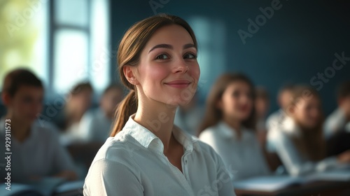 Smiling young woman in a classroom setting, surrounded by fellow students, exuding confidence and positivity.