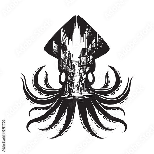 silhouette of Squid filled with ghetto street in rough drawing