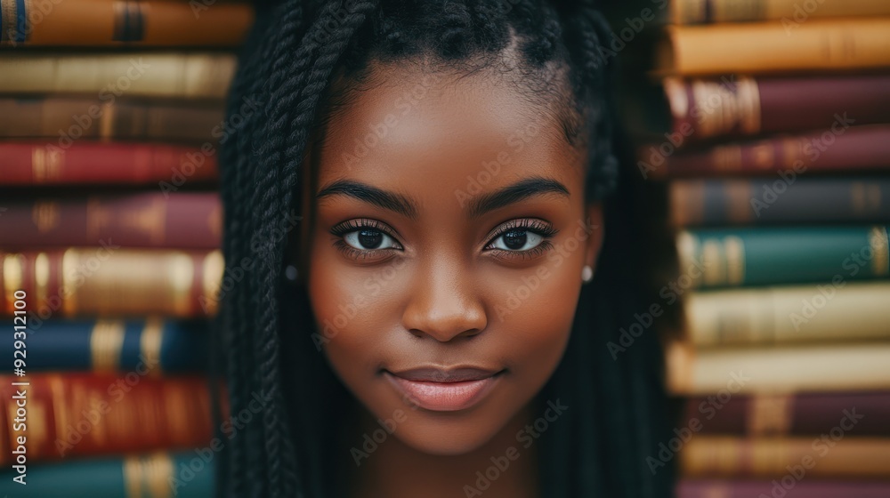 A young Black girl with beautiful braided hair, smiling softly in front of a colorful backdrop of books, radiating confidence and intelligence. A young Black girl with beautiful braided hair, smiling softly in front of a colorful backdrop of books, radiating confidence and intelligence.