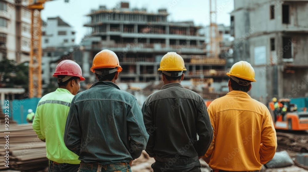 Four construction workers, of various ethnicities, observing a building site progress, showcasing teamwork and the spirit of construction. Four construction workers, of various ethnicities, observing a building site progress, showcasing teamwork and the spirit of construction.