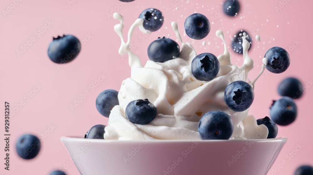A delicious bowl of whipped cream topped with fresh blueberries, creating a delightful splash against a pink background.