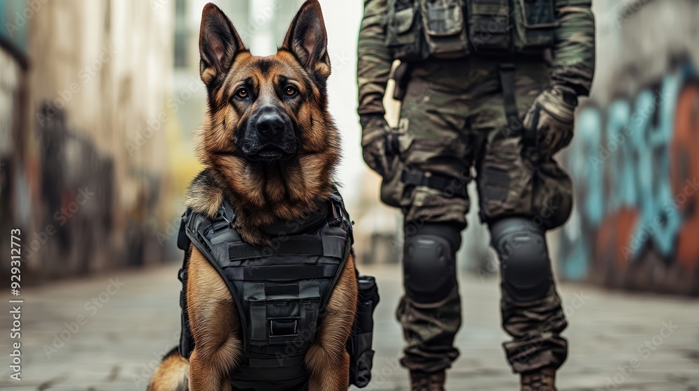 Fototapeta premium A powerful German Shepherd, equipped with tactical gear, sits proudly beside a camouflaged soldier in an urban environment.