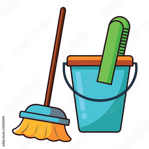 Mop and Bucket Vector Illustration
