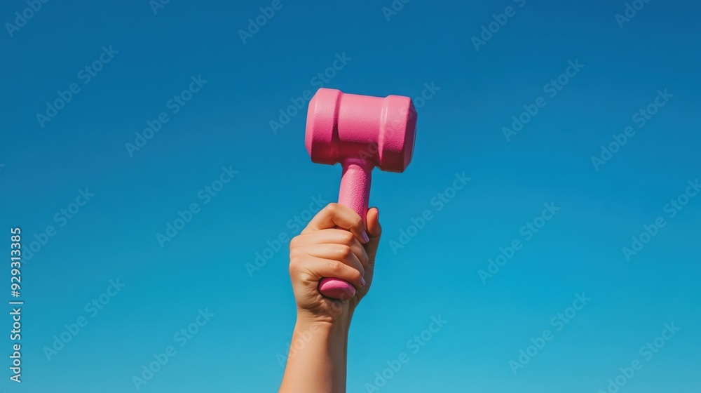A raised hand holding a vibrant pink rubber mallet against a bright blue sky. A raised hand holding a vibrant pink rubber mallet against a bright blue sky.