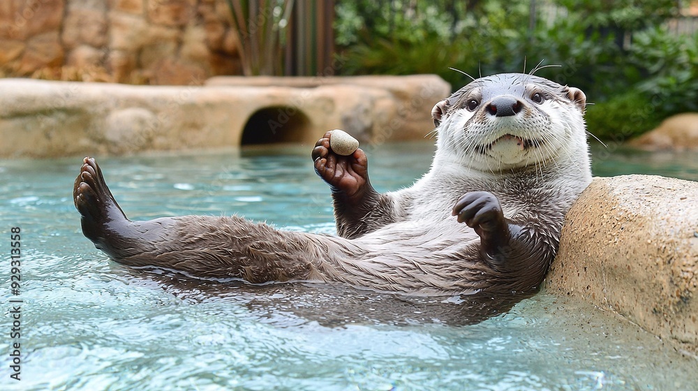 Fototapeta premium At the zoo, a sea otter frolics in a watery pool with a ball