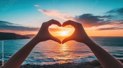 Silhouette of a person's hands forming a heart shape at sunset over the ocean, celebrating love and nature's beauty.