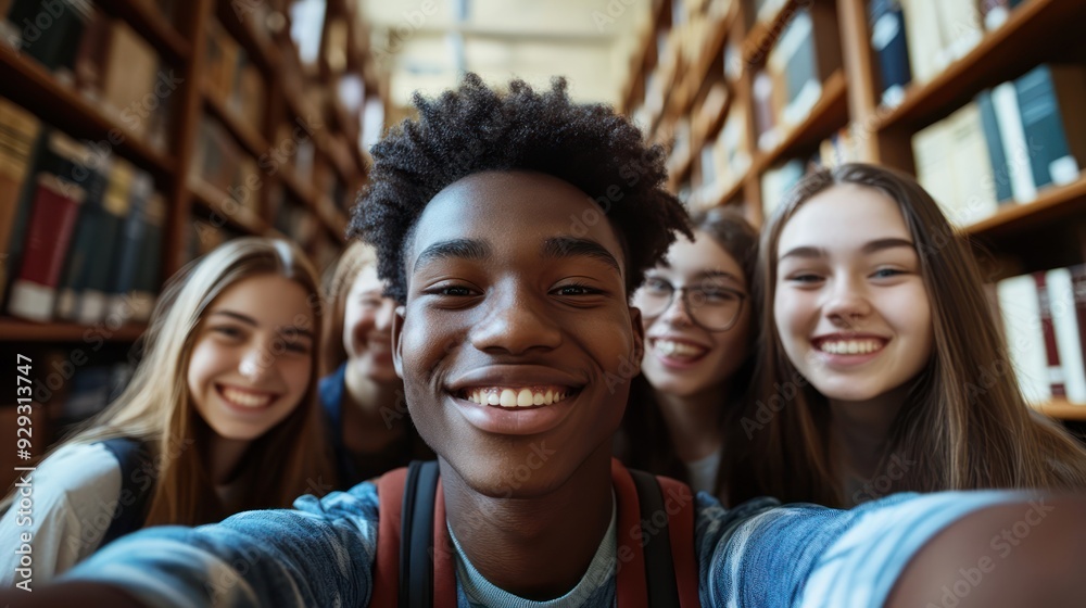 A joyful group of diverse high school students smiling together in a library. A joyful group of diverse high school students smiling together in a library.