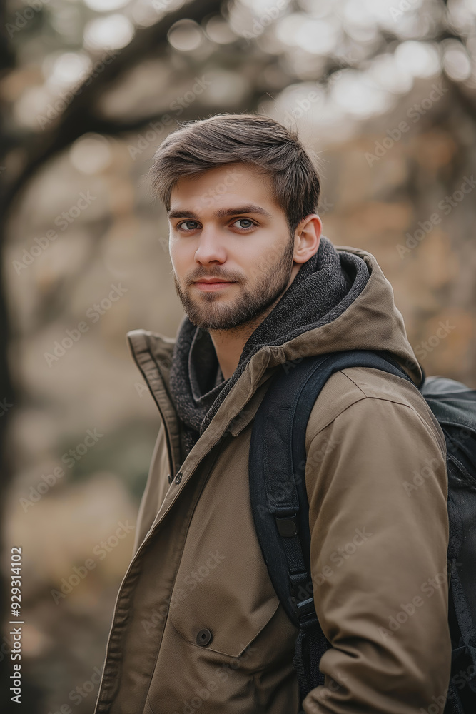 A young man in a brown jacket and backpack standing outdoors, surrounded by a blurred natural background. A young man in a brown jacket and backpack standing outdoors, surrounded by a blurred natural background.