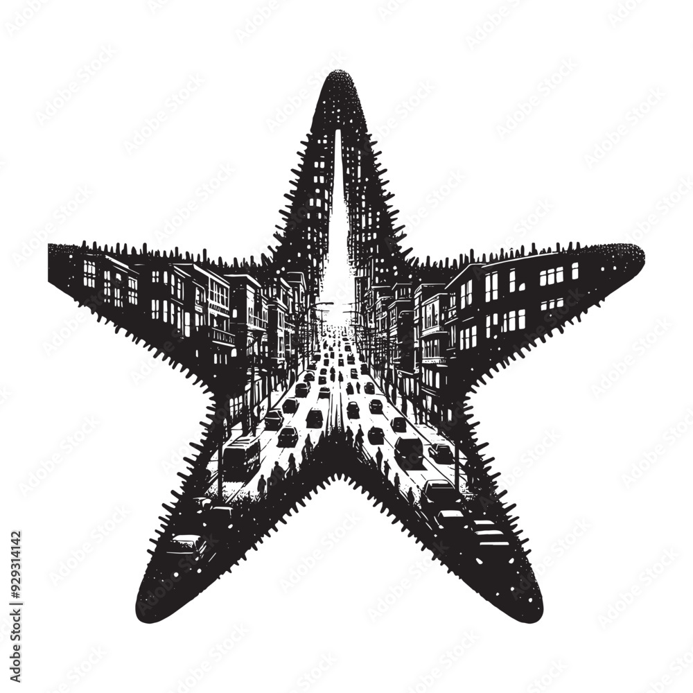 silhouette of starfish filled with ghetto street in rough drawing silhouette of starfish filled with ghetto street in rough drawing