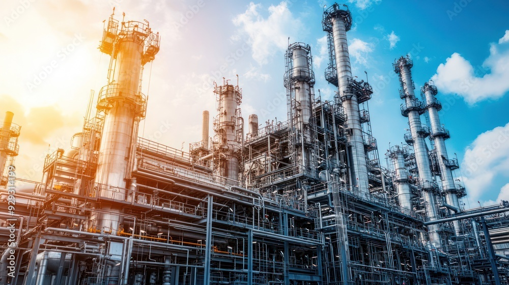A large industrial complex showcasing intricate pipelines and tall towers against a bright, sunny sky. A large industrial complex showcasing intricate pipelines and tall towers against a bright, sunny sky.