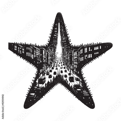 silhouette of starfish filled with ghetto street in rough drawing