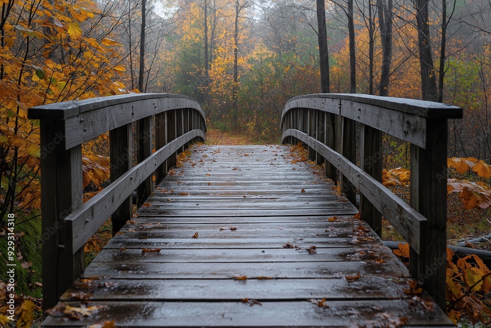 Obraz premium A tranquil wooden bridge in an autumn forest, surrounded by vibrant falling leaves, creating a peaceful atmosphere.