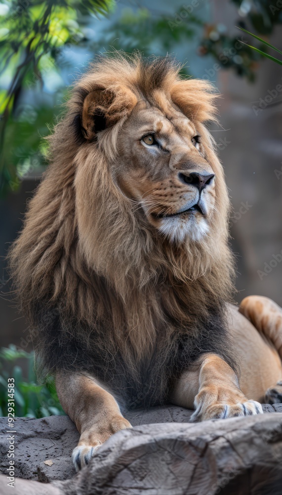 Majestic male lion resting on a rock, showcasing its impressive mane and regal presence amidst lush greenery. Majestic male lion resting on a rock, showcasing its impressive mane and regal presence amidst lush greenery.