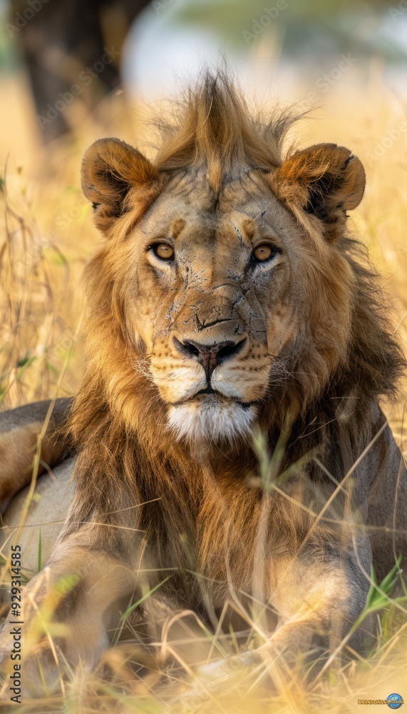 A majestic male lion resting in tall golden grass, showcasing its powerful presence and striking mane. A majestic male lion resting in tall golden grass, showcasing its powerful presence and striking mane.
