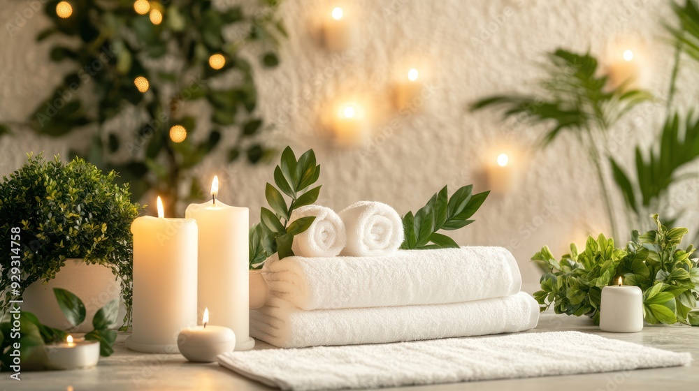 A serene spa setting featuring neatly arranged white towels, candles, and lush greenery, creating a calming atmosphere for relaxation. A serene spa setting featuring neatly arranged white towels, candles, and lush greenery, creating a calming atmosphere for relaxation.