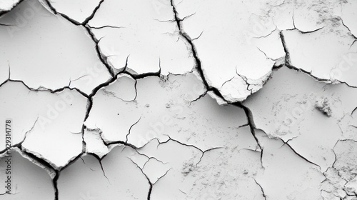 Close-up of uneven cracks in a dry, white surface, presenting a stark contrast of textures and patterns.