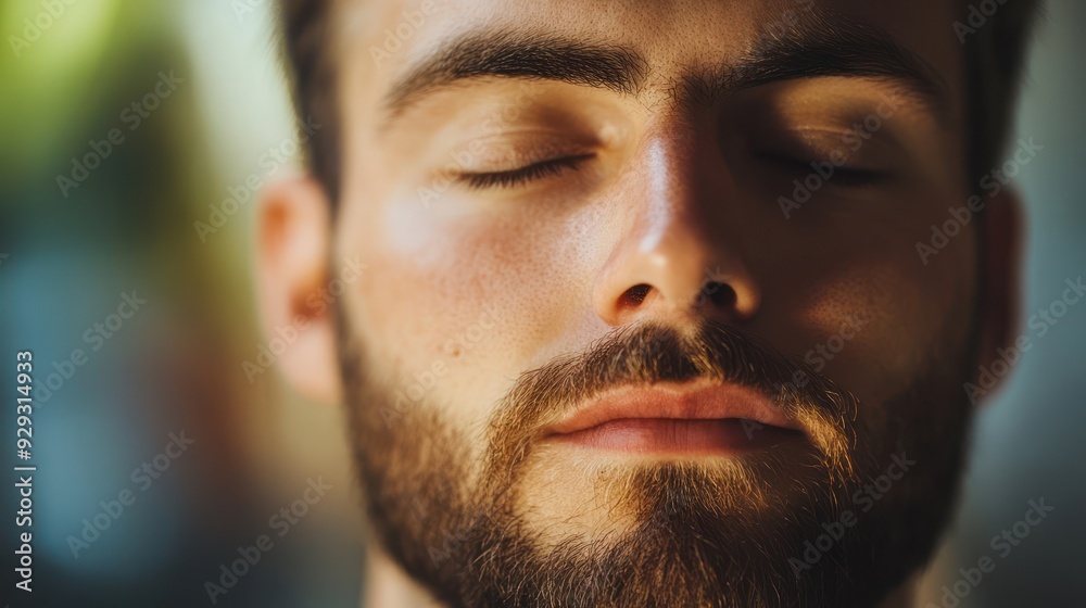 Obraz premium Close-up of a young Caucasian man with a beard, eyes closed, portraying a moment of tranquility and introspection.