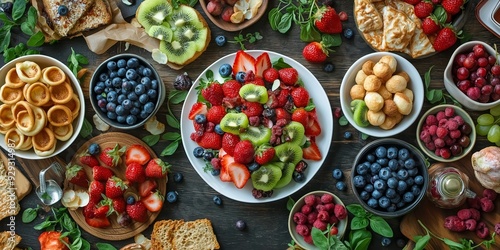 A colorful selection of fresh fruits including berries, kiwis, and leafy greens arranged on a wooden table.