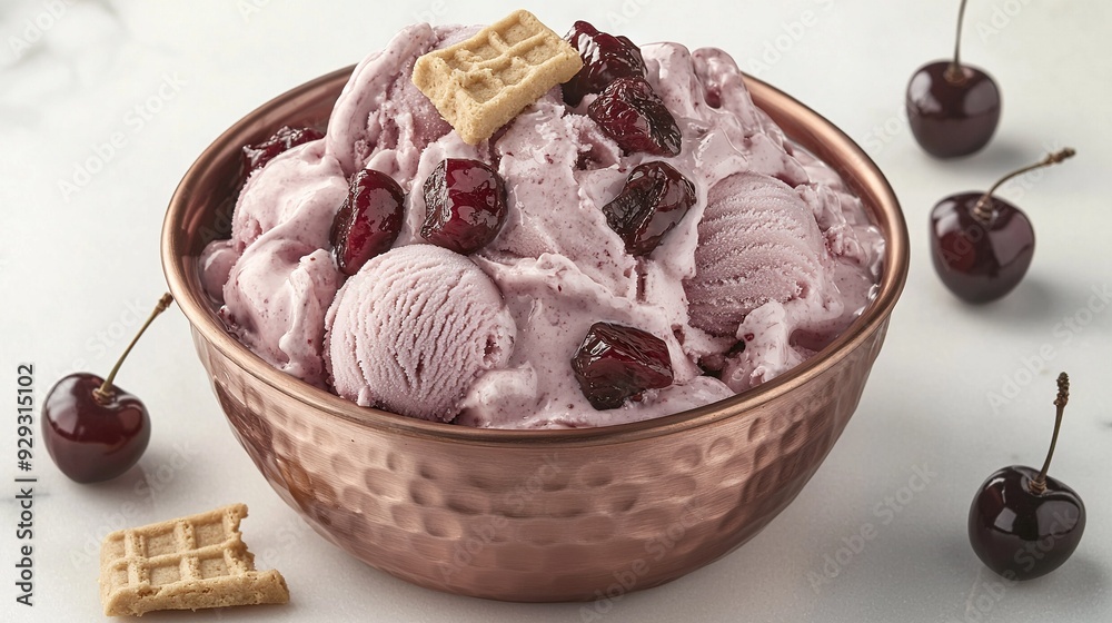 A bowl containing ice cream and cherries accompanied by crackers and cherries beside it A bowl containing ice cream and cherries accompanied by crackers and cherries beside it