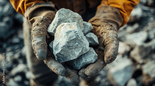 A worker, with dirty hands, holds several rough rocks, showcasing the raw material from the mining process.