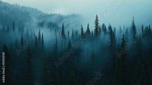 A serene misty forest landscape showcasing tall pine trees shrouded in fog, creating an atmosphere of tranquility and mystery.
