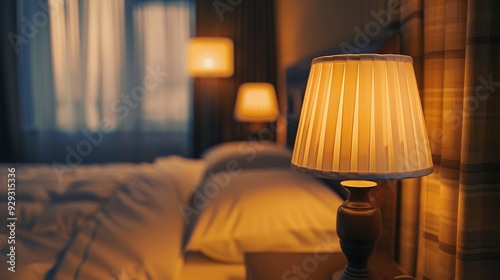 Warm light from a table lamp on a bedside table in a bedroom
