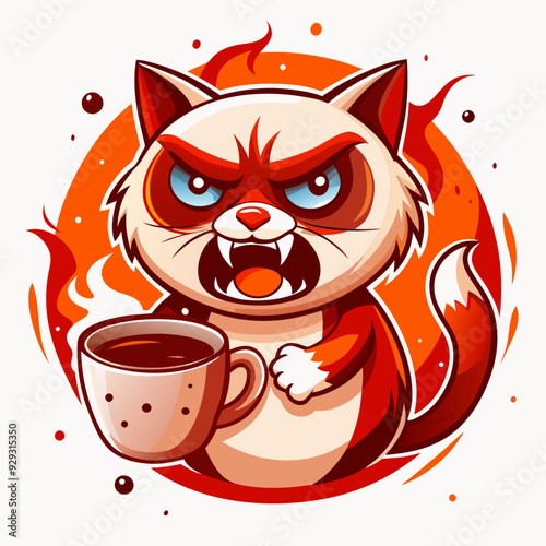 A cute and angry cat holds a steaming cup of coffee