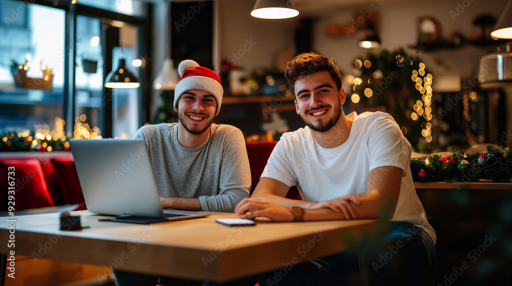 Two male students working on a laptop, wearing christmas hat, they are in a coffee shop with christmas decorations.
Two male students working on a laptop, wearing christmas hat, they are in a coffee shop with christmas decorations.