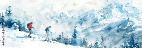 Winter Wonderland: Hand-drawn Mountain Landscape with Skiing and Snowboarding Adventure on a Bright Sunny Day