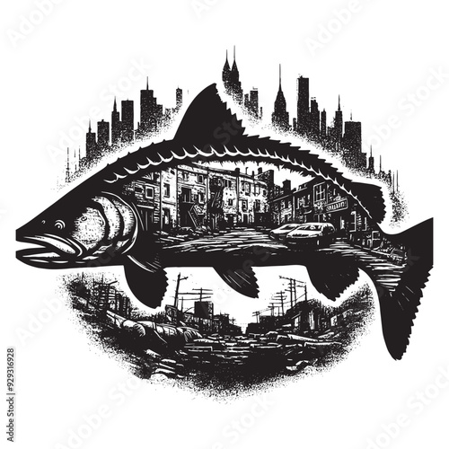 silhouette of Sturgeon filled with ghetto street in rough drawing
