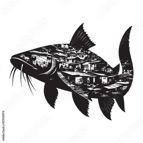 silhouette of Sturgeon filled with ghetto street in rough drawing