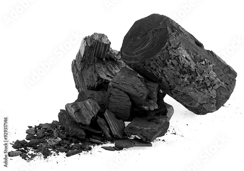 Obraz na płótnie Pile of black charcoal pieces and chunks isolated on a white background