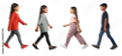 Motion blur walking kids boy girl silhouettes isolated on transparent background PNG for photo scenes