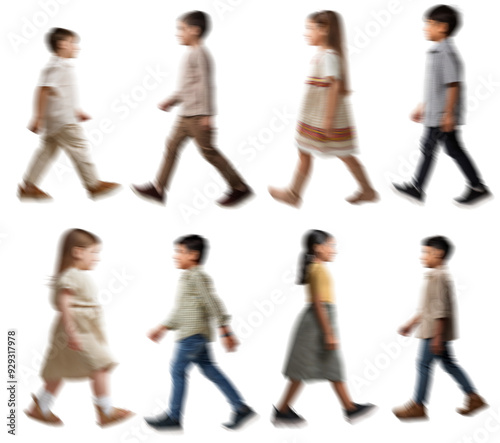 Motion blur walking kids boy girl silhouettes isolated on transparent background PNG for photo scenes