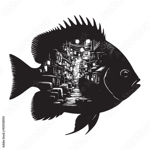silhouette of Sunfish filled with ghetto street in rough drawing