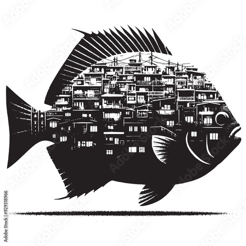silhouette of Sunfish filled with ghetto street in rough drawing