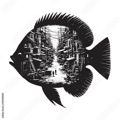 silhouette of Sunfish filled with ghetto street in rough drawing