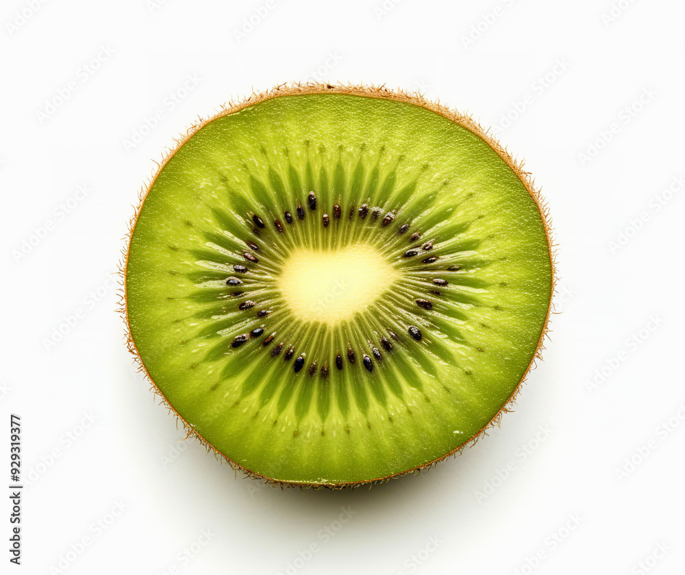 A close-up photo of an isolated kiwi fruit slice on a white background, in high resolution photography, of high quality, in high definition. A close-up photo of an isolated kiwi fruit slice on a white background, in high resolution photography, of high quality, in high definition.