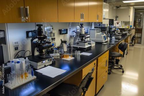 The science laboratory, a center for research and development, uses high-tech microscopes and a selection of test tubes to push the frontiers of science