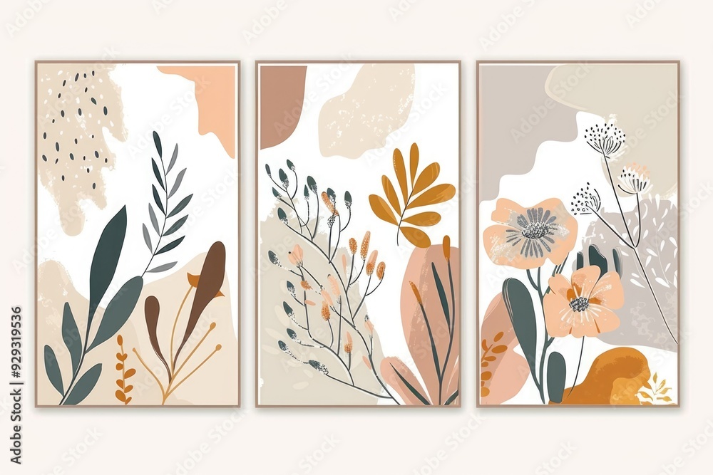A set of three paintings with various flowers and plants A set of three paintings with various flowers and plants