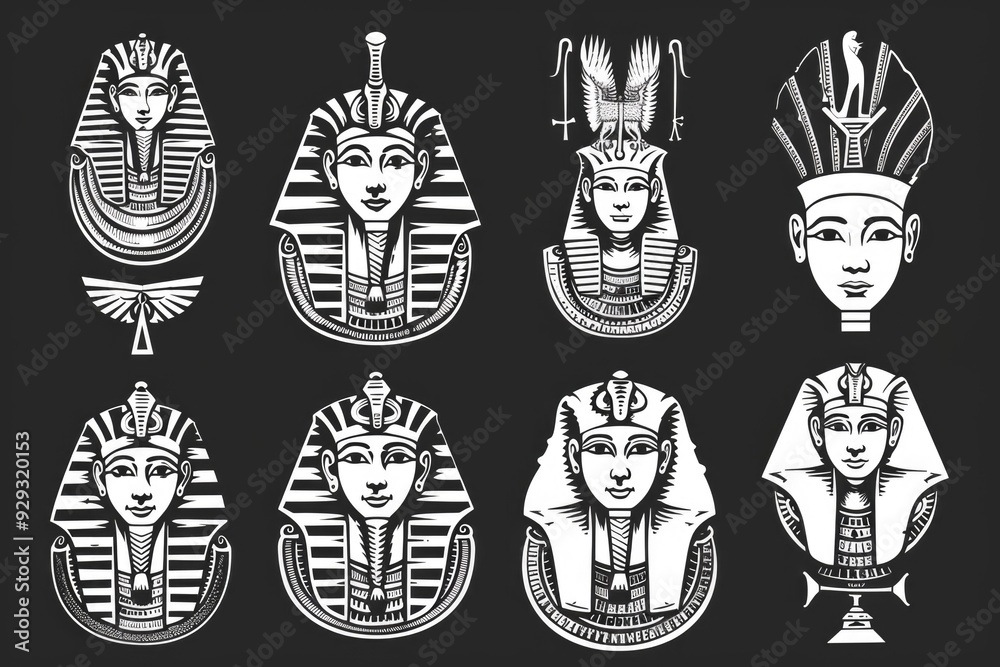 A collection of ancient Egyptian masks displayed on a dark, mysterious backdrop A collection of ancient Egyptian masks displayed on a dark, mysterious backdrop