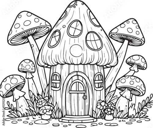 Mushroom house line art coloring book illustration for kids