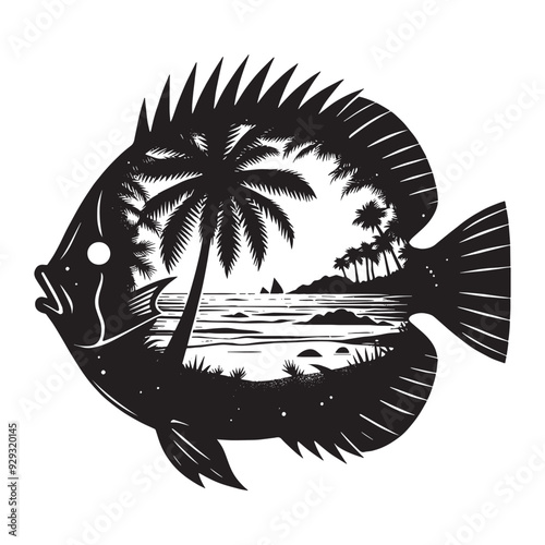 silhouette of Sunfish filled with ocean beach view with palm tree in rough drawing