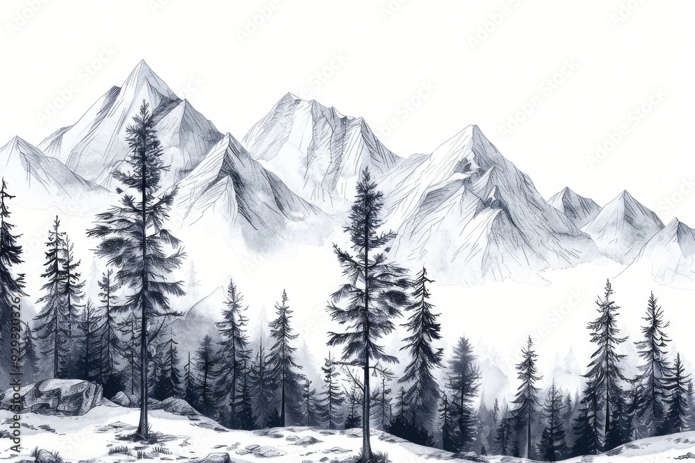 Obraz premium A black and white drawing of a mountain range with snow-capped peaks and valleys