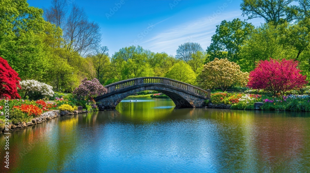 A serene garden scene featuring a stone bridge over a tranquil pond surrounded by vibrant flowers. A serene garden scene featuring a stone bridge over a tranquil pond surrounded by vibrant flowers.
